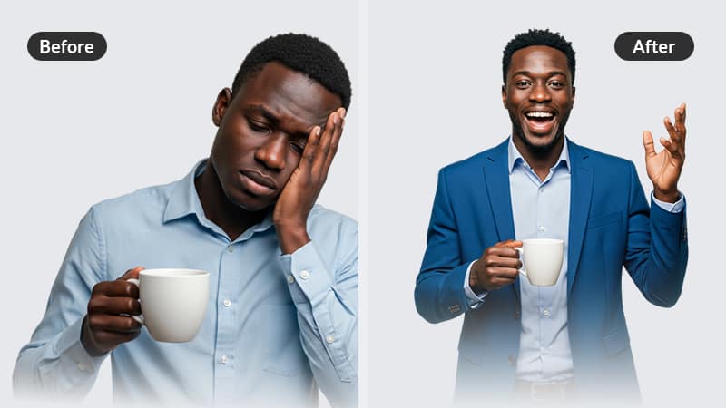 Before and after comparison showing tired person with poor sleep versus energized individual after sleeping on hybrid mattress